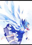  bad_id barefoot blue_hair bow cirno closed_eyes dress feet flying glowing hair_bow ice jong_tu large_bow letterboxed outstretched_arms petticoat profile spread_arms touhou wings wrist_cuffs wrist_ribbon 