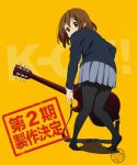  blazer brown_eyes brown_hair gibson guitar hair_ornament hairclip hirasawa_yui instrument k-on! leaning les_paul official_art pantyhose short_hair skirt solo translated 