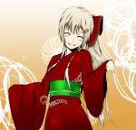  bad_id fujiwara_no_mokou grin hair_ornament hairclip japanese_clothes kanata kanata_(kiduka) kimono new_year ponytail smile touhou 