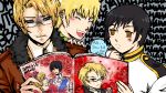  3boys america_(hetalia) axis_powers_hetalia black_hair blonde_hair blue_eyes book brown_eyes glasses japan_(hetalia) laughing rose united_kingdom_(hetalia) 