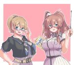  2girls 702_(naotsu) bangs belt bespectacled blue-framed_eyewear blue_eyes book breast_pocket breasts brown_hair commentary_request dress eyebrows_visible_through_hair glasses hair_between_eyes hair_ornament holding holding_book holding_pointer intrepid_(kancolle) kantai_collection large_breasts long_hair looking_at_viewer multiple_girls open_mouth parted_lips pocket pointer ponytail red-framed_eyewear saratoga_(kancolle) shirt simple_background smokestack_hair_ornament two-tone_background upper_body white_dress 