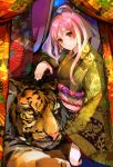 ahoge colorful japanese_clothes kimono long_hair obi orange_eyes pink_hair pupps smile solo tiger 