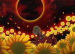  demon dress eclipse flower glowing glowing_eyes green_hair highres kazami_yuuka petals red_eyes solo sun sunflower touhou vest 