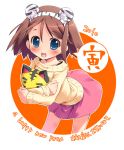  animal_ears blue_eyes brown_hair flat_chest hug leaning_forward loli new_year no_nose original ramble skirt smile solo sweater tiger_ears 