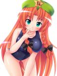  aqua_eyes bad_id bow braid breasts green_eyes hair_bow hat hong_meiling kuro_minamo large_breasts leaning_forward long_hair looking_at_viewer one-piece_swimsuit red_hair redhead school_swimsuit simple_background smile solo swimsuit touhou twin_braids 