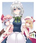  3girls apron argyle argyle_background arm_grab bat_wings blonde_hair blue_dress blue_eyes bow braid chestnut_mouth commentary_request dress finger_to_cheek flandre_scarlet hammer_(sunset_beach) hat hat_bow izayoi_sakuya looking_at_viewer maid maid_headdress multiple_girls open_mouth pink_dress pink_eyes puffy_sleeves red_eyes remilia_scarlet short_sleeves siblings side_ponytail silver_hair sisters touhou twin_braids waist_apron wings 