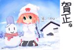  child green_eyes hat kneeling kuroba original pantyhose red_hair redhead short_hair snow snowman solo 