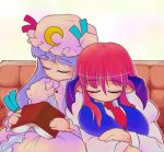  book breasts crescent hat head_wings koakuma large_breasts long_hair necktie patchouli_knowledge pointy_ears purple_hair red_hair redhead sleeping sotto the_embodiment_of_scarlet_devil touhou wings 