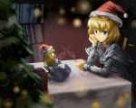  blonde_hair blue_eyes books bookshelf chair christmas christmas_tree doll dress fat_(artist) hat hazel_eyes lights lonely long_hair present santa_hat shanghai shanghai_doll shirt short_hair table_cloth touhou wine 