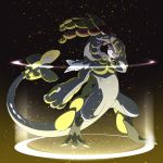 carrying_over_shoulder claws closed_eyes closed_mouth dark_background dragon glowing jangmo-o kommo-o looking_to_the_side no_humans pokemon pokemon_(creature) pokemon_(game) pokemon_sm smile tail 