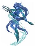  animal_ears armor artist_request blue_hair blue_skin breasts highres holding legs long_hair nude official_art okumura_daigo orange_eyes polearm profile shoes sideboob simple_background smile solo tales_of_(series) tales_of_eternia trident undine undine_(tales) water weapon 