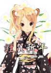  animal_ears bad_id blonde_hair brown_eyes japanese_clothes kimono lips long_hair new_year original show_(artist) show_(rinnetenshow) solo tiger_ears 
