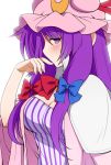  1girl blush bow breasts capelet cleavage crescent dress eichi_yuu finger_to_mouth hair_ribbon half-closed_eyes hat large_breasts long_hair looking_at_viewer open_clothes open_coat patchouli_knowledge purple_dress purple_hair ribbon solo striped striped_dress touhou tress_ribbon violet_eyes wide_sleeves 
