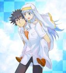  blue_eyes blue_hair boots carrying green_eyes habit index kamijou_touma nun school_uniform shibamotoashin smile spiked_hair spiky_hair to_aru_majutsu_no_index 