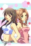  aerith_gainsborough bare_shoulders belt black_hair brown_hair dress final_fantasy final_fantasy_vii green_eyes highres long_hair midriff multiple_girls ponytail red_eyes tank_top tifa_lockhart tomoshibi_(vdn) 