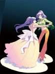  breasts cleavage dancer dancing doseki_udon dress dual_persona faris_scherwiz final_fantasy final_fantasy_v green_eyes long_hair midriff ponytail purple_hair sarisa_highwind_tycoon time_paradox wink 