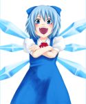  blue_eyes blue_hair blush bow cirno crossed_arms hair_bow icicle laughing nanashi_neet open_mouth solo touhou wings 