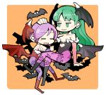  bat bat_wings blue_pantyhose boots capcom chibi head_wings headwings hounori lilith_aensland morrigan_aensland multiple_girls pantyhose print_pantyhose purple_pantyhose super_deformed vampire_(game) wings 