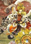  1girl 9ji bird bishamonten&#039;s_pagoda blonde_hair hair_ornament jeweled_pagoda multicolored_hair short_hair tiger toramaru_shou touhou yellow_eyes 