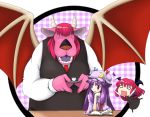  &gt;:) ^_^ anger_vein bat_wings black_legwear book chibi closed_eyes cosplay crescent crossover cup dragon dragon_quest fangs hat head_wings headwings horns koakuma koakuma_(cosplay) kuroact long_hair musashino_udon necktie o_o open_mouth patchouli_knowledge plaid purple_eyes purple_hair red_hair redhead saucer skirt smile teacup touhou vest violet_eyes wings 