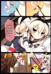  !? /\/\/\ 1boy 2girls admiral_(kantai_collection) anchor black_panties blonde_hair blush brown_hair comic elbow_gloves gloves hair_ornament hairband hard_translated highleg highleg_panties highres kantai_collection kongou_(kantai_collection) long_hair looking_at_viewer multiple_girls navel panties panty_lift personification shimakaze_(kantai_collection) sitting sitting_on_lap sitting_on_person skirt striped striped_legwear thigh-highs translated underwear wedgie white_gloves yume_no_owari 