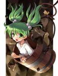  girl_in_bucket green_eyes green_hair hair_bobbles hair_ornament in_bucket in_container katahira_masashi kisume looking_at_viewer nail_polish open_mouth rope smile solo touhou twintails 