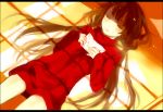  blush brown_hair closed_eyes legs letter long_hair lying on_back sweater sweater_dress tan_(tangent) tears ted_(artist) twintails 