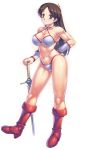  armpits bikini boots bracer brown_hair choker golden_axe highres long_hair muscle navel sega sega_genesis sega_mega_drive solo swimsuit sword tyris_flare uchiu_kazuma weapon 