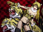  claws fangs iga_tomoteru original paws solo tattoo thigh-highs thighhighs tiger tiger_print yellow_eyes 