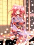  blush breasts cute hair_bobbles hair_ornament highres japanese_clothes kimono large_breasts looking_at_viewer new_year onozuka_komachi perfection red_eyes red_hair redhead short_hair sitting solo symbol_shaped_pupils text_in_eyes touhou translated tro twintails 