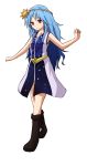  1girl belt blue_hair boots circlet crescent dress highres long_hair miyo_(ranthath) original red_eyes sleeveless sleeveless_dress solo star sun 