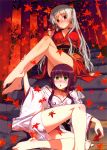 2girls absurdres bare_legs barefoot blush breasts choker cleavage collarbone crossed_legs earrings full-face_blush green_eyes highres huge_filesize japanese_clothes jewelry kimono koume_keito leaf legs long_hair maple_leaf multiple_girls obi off_shoulder open_mouth original purple_hair red_eyes sake scan silver_hair sitting smile torii two_side_up