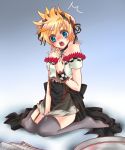  bare_shoulders blonde_hair blue_eyes crossdressing embarrassed kingdom_hearts male open_mouth roxas short_hair sitting skirt thigh-highs trap 