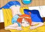  bed_sheet blouse_lifted breasts closed_eyes derivative_work nami one_piece orange_hair sheet_grab sleeping top-down_bottom-up 