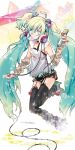  aqua_eyes aqua_hair arm_warmers ayto belt garters glasses hair_ornament hatsune_miku headphones leg_warmers long_hair microphone shorts solo thigh-highs thighhighs twintails very_long_hair vocaloid 