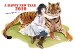  bad_id black_hair boots hug new_year scarf short_hair sumishuu tiger 