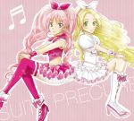  2girls blonde_hair blue_eyes boots bow brooch choker cure_melody cure_rhythm dress frills green_eyes heart houjou_hibiki jewelry long_hair magical_girl midriff minamino_kanade multiple_girls pink_hair pink_legwear precure ribbon sitting skirt smile suite_precure thigh-highs tsukico twintails 