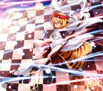  blonde_hair checkered hair_ornament highres multicolored_hair namamo_nanase polearm red_eyes shawl short_hair solo spear tiger_print toramaru_shou touhou weapon 