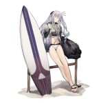  1girl ak-12_(girls_frontline) alternate_costume bangs barefoot bikini black_ribbon braid brain_freeze breasts closed_eyes closed_mouth copyright_name cup curly_hair drinking_glass duoyuanjun eating feet_up food french_braid girls_frontline head_tilt holding holding_cup holding_spoon ice_cream jacket leaning long_hair long_sleeves medium_breasts official_art outdoors ribbon sand shaved_ice sidelocks silver_bikini silver_hair solo spoon squiggle strap surfboard swimsuit thighs toeless_legwear transparent_background very_long_hair weapon_bag 