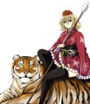  hair_ornament mugenshiki multicolored_hair polearm shawl short_hair spear thigh-highs thighhighs tiger toramaru_shou touhou weapon yellow_eyes 