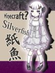  1girl bangs blush character_name collarbone commentary_request copyright_name dress empty_eyes frills hair_ornament minecraft okuri_banto outline personification sidelocks silhouette silver_hair silverfish_(minecraft) solo violet_eyes 