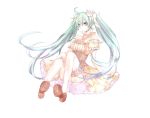  akinashi bare_shoulders corset crown dress green_eyes green_hair hatsune_miku highres kneehighs long_hair open_mouth shoes simple_background sitting solo thigh-highs thighhighs twintails very_long_hair vocaloid white_background 