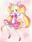  &gt;:) &gt;:d 1girl :d animalization bike_shorts blonde_hair candy_(smile_precure!) character_request chibi cure_candy facial_mark forehead hoshizora_miyuki kawamura_tenmei long_hair o_o open_mouth personification precure role_reversal shorts_under_skirt smile smile_precure! twintails wavy_mouth wristband 