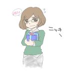  1girl artist_request blush brown_eyes brown_hair character_name gift glasses green-framed_glasses looking_at_viewer nikki_(swapnote) nintendo semi-rimless_glasses short_hair skirt solo spoken_blush swapnote sweatdrop sweater translated wavy_mouth 