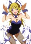  ;d absurdres animal_ears bare_shoulders blonde_hair blush body_blush breasts bunny bunny_ears bunny_pose bunnysuit charlotte_dunois cleavage detached_collar fishnet_pantyhose fishnets highres infinite_stratos jewelry kinako_(kinako_no_yama) kurashima_tomoyasu long_hair necklace official_art open_mouth pantyhose purple_eyes rabbit rabbit_ears simple_background smile solo violet_eyes white_background wink wrist_cuffs 
