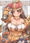  armor armored_dress bare_shoulders barroth_(armor) breasts brown_hair cha-cha crown ibukichi jewelry kayanba large_breasts long_hair monster_hunter monster_hunter_3_g smile 