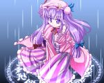  blue_background bow crescent dress ears frills hair_bow hand_on_own_shoulder hand_on_shoulder hat hat_ribbon hexagram light_trail long_hair long_sleeves looking_at_viewer magic_circle patchouli_knowledge purple_eyes purple_hair ribbon robe roco_(katsuya1011) simple_background sitting smile solo striped striped_dress touhou very_long_hair violet_eyes 
