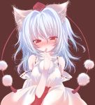  animal_ears bare_shoulders blue_hair blush breasts brown_background detached_sleeves finger_to_mouth hat inubashiri_momiji large_breasts looking_at_viewer red_eyes saidou solo tokin_hat touhou wolf_ears 