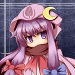  :&lt; book bow crescent_moon hair_bow long_hair moon patchouli_knowledge purple_eyes purple_hair ribbon scarf simple_background solo sore_(whirlwind) touhou violet_eyes 