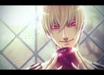  apple bad_id blonde_hair character_name fate/zero fate_(series) food fruit gilgamesh glowing glowing_eyes jewelry letterboxed male necklace poggie_matsumoto poggiemm red_eyes slit_pupils solo title_drop 